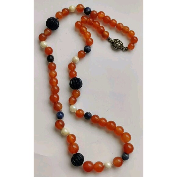 Silver Clasp 20" Strand Necklace Natural Sunstone Blue Multi Gemstone 42g - Picture 1 of 9